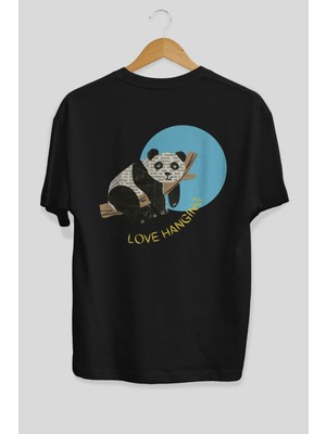 ankhises Panda Love Hanging Arka Baskılı Siyah Oversize T-Shirt Erkek Kadın Bisiklet Yaka