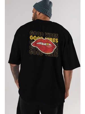 ankhises Good Vibes Yazılı Arka Baskılı Siyah Oversize T-Shirt Erkek Kadın Bisiklet Yaka