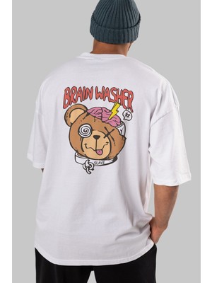 ankhises Brain Washer Arka Baskılı Beyaz Oversize T-Shirt  Erkek Kadın Bisiklet Yaka