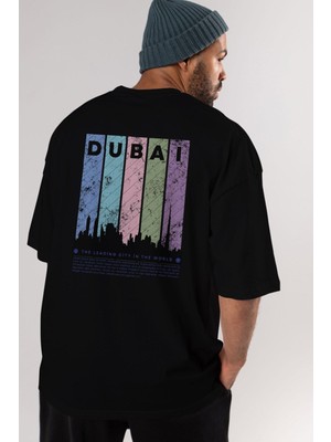 ankhises Dubai Yazılı Arka Baskılı Siyah Oversize T-Shirt Erkek Kadın Bisiklet Yaka