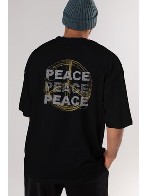 ankhises Peace Yazılı Arka Baskılı Siyah Oversize T-Shirt Erkek Kadın Bisiklet Yaka