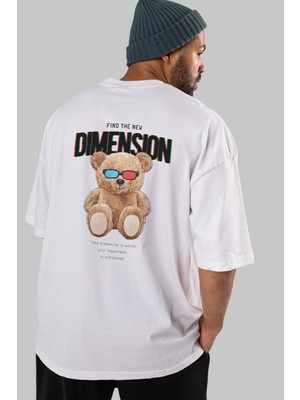 ankhises Teddy Bear Dimension Arka Baskılı Beyaz Erkek Kadın Bisiklet Yaka Oversize T-Shirt