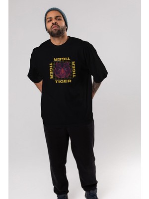ankhisesTiger Yazılı Streetwear Ön Baskılı Siyah Oversize T-Shirt  Erkek Kadın Bisiklet Yaka