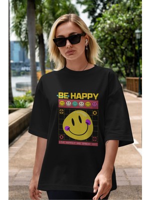 ankhises Be Happy Yazılı Ön Baskılı Siyah Oversize T-Shirt  Erkek Kadın Bisiklet Yaka