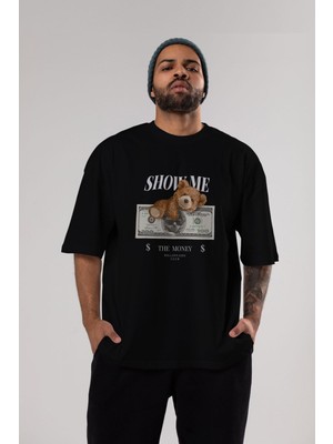 ankhises Teddy Bear The Money Ön Baskılı Siyah Oversize T-Shirt Erkek Kadın Bisiklet Yaka