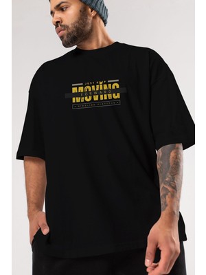 ankhisesJust Keep Moving Yazılı Ön Baskılı Siyah Oversize T-Shirt  Erkek Kadın Bisiklet Yaka