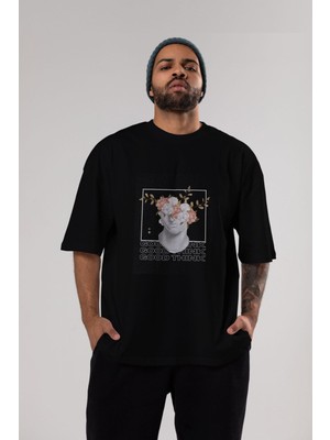ankhisesGood Think Yazılı Ön Baskılı Siyah Oversize T-Shirt  Erkek Kadın Bisiklet Yaka