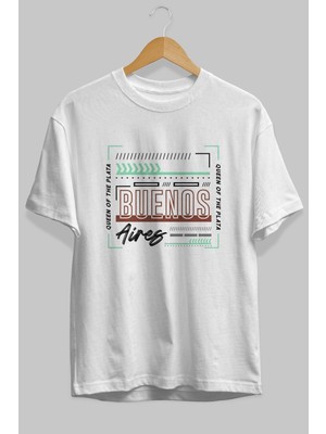 ankhises Buenos Aires Ön Baskılı Beyaz Oversize T-Shirt  Erkek Kadın Bisiklet Yaka