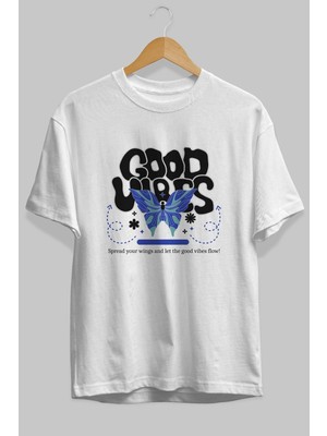 ankhises Good Vibes Yazılı 4 Ön Baskılı Beyaz Oversize T-Shirt Erkek Kadın Bisiklet Yaka
