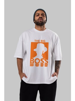 ankhises The Big Boss Ön Baskılı Beyaz Oversize T-Shirt  Erkek Kadın Bisiklet Yaka