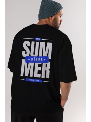 Ankhises Summer Vibes Yazılı Arka Baskılı Siyah Oversize T-Shirt Erkek Kadın Bisiklet Yaka