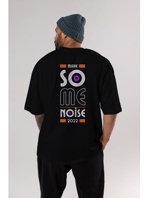 ankhises Make Some Noise Yazılı Arka Baskılı Siyah Oversize T-Shirt Erkek Kadın Bisiklet Yaka