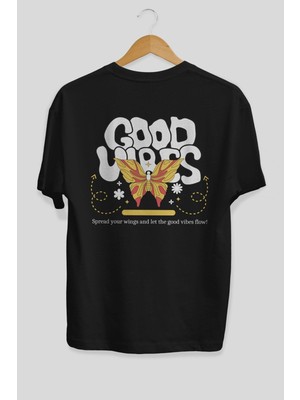 ankhisesGood Vibes Yazılı Arka Baskılı Siyah Oversize T-Shirt Erkek Kadın Bisiklet Yaka