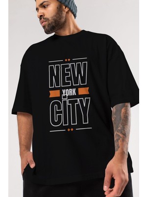 ankhises New York City Yazılı Ön Baskılı Siyah Oversize T-Shirt  Erkek Kadın Bisiklet Yaka