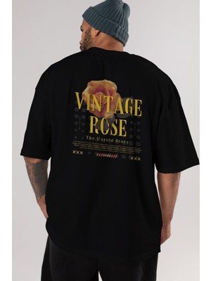 ankhisesVintage Rose Yazılı Arka Baskılı Siyah Oversize T-Shirt Erkek Kadın Bisiklet Yaka