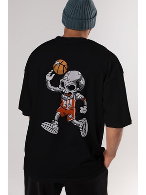 ankhises Skull Basketball Arka Baskılı Siyah Oversize T-Shirt  Erkek Kadın Bisiklet Yaka