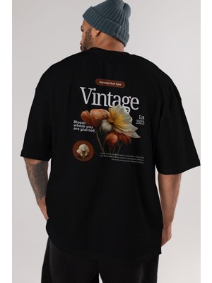 ankhises Vintage Çiçek Arka Baskılı Siyah Oversize T-Shirt Erkek Kadın Bisiklet Yaka
