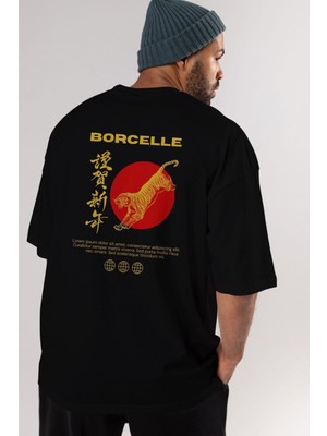 ankhisesBorcelle Tiger Streetwear Arka Baskılı Siyah Oversize T-Shirt Erkek Kadın Bisiklet Yaka