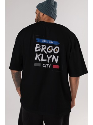 ankhises Brooklyn City Yazılı Arka Baskılı Siyah Oversize T-Shirt Erkek Kadın Bisiklet Yaka