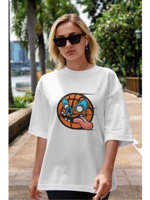 ankhises Basketball Ön Baskılı Beyaz Oversize T-Shirt Unisex Erkek Kadın Bisiklet Yaka