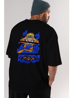 ankhises Naruto Uzumaki Anime Arka Baskılı Siyah Oversize T-Shirt Erkek Kadın