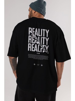 ankhisesReality Yazılı Arka Baskılı Siyah Oversize T-Shirt Erkek Kadın Bisiklet Yaka