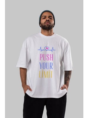Ankhises Push Your Limit Yazılı Ön Baskılı Beyaz Oversize T-Shirt Erkek Kadın Bisiklet Yaka