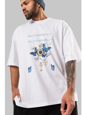 ankhises Butterfly Yazılı Ön Baskılı Beyaz Oversize T-Shirt Erkek Kadın Bisiklet Yaka