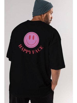 ankhisesHappy Face Yazılı Arka Baskılı Siyah Oversize T-Shirt Erkek Kadın Bisiklet Yaka