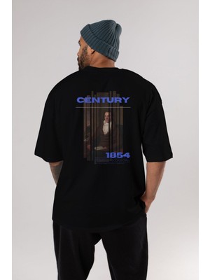 ankhisesCentury 1854 Yazılı Arka Baskılı Siyah Oversize T-Shirt Erkek Kadın Bisiklet Yaka