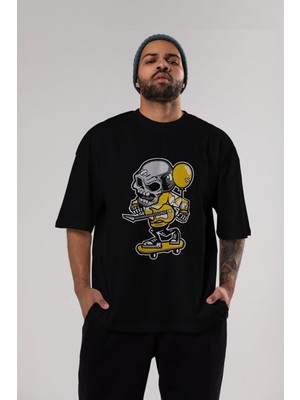 ankhises Skull Skater Ön Baskılı Siyah Oversize T-Shirt  Erkek Kadın Bisiklet Yaka