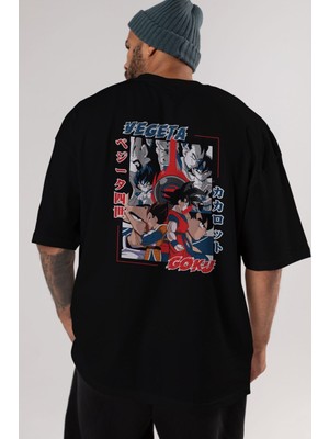 ankhisesVegeta Vs Goku Anime Arka Baskılı Siyah Oversize T-Shirt Erkek Kadın