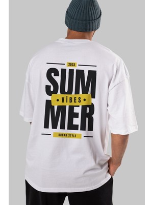 Ankhises Summer Vibes 2 Yazılı Arka Baskılı Beyaz Oversize T-Shirt Erkek Kadın Bisiklet Yaka