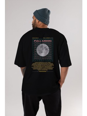ankhises Full Moon Yazılı Arka Baskılı Siyah Oversize T-Shirt Erkek Kadın Bisiklet Yaka