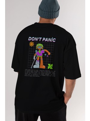 ankhisesDont Panic Yazılı Arka Baskılı Siyah Oversize T-Shirt Erkek Kadın Bisiklet Yaka