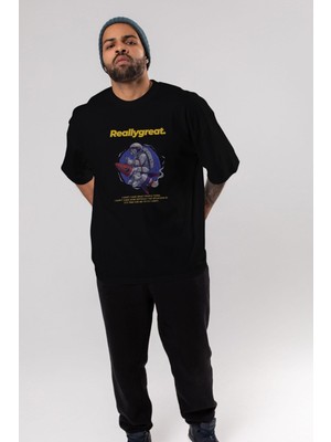 ankhises Reallygreat Astronaut Ön Baskılı Siyah Oversize T-Shirt  Erkek Kadın Bisiklet Yaka