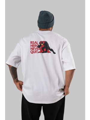ankhises Real Hero Yazılı Arka Baskılı Beyaz Oversize T-Shirt Erkek Kadın Bisiklet Yaka