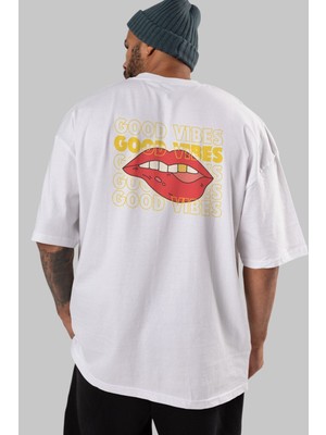 ankhises Good Vibes Yazılı 2 Arka Baskılı Beyaz Oversize T-Shirt Erkek Kadın Bisiklet Yaka