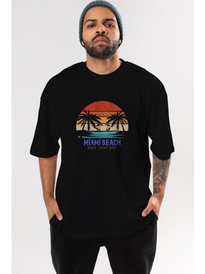 ankhises Miami Beach Yazılı Ön Baskılı Siyah Oversize T-Shirt  Erkek Kadın Bisiklet Yaka