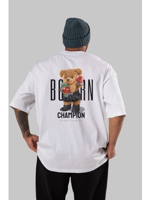 ankhises Teddy Bear Champion Arka Baskılı Beyaz Erkek Kadın Bisiklet Yaka Oversize T-Shirt