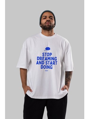 Ankhises Stop Dreaming Yazılı Ön Baskılı Beyaz Oversize T-Shirt Erkek Kadın Bisiklet Yaka