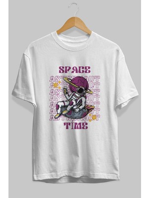 ankhisesSpace Time Astronaut Ön Baskılı Beyaz Oversize T-Shirt Erkek Kadın Bisiklet Yaka