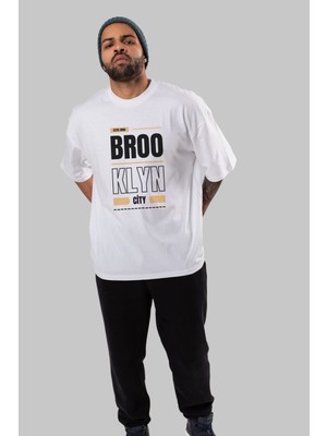 ankhises Brooklyn City Yazılı Ön Baskılı Beyaz Oversize T-Shirt Erkek Kadın Bisiklet Yaka