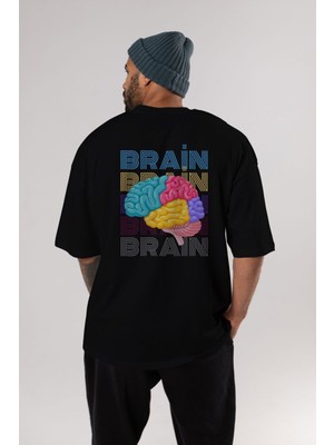 ankhises Brain Yazılı Arka Baskılı Siyah Oversize T-Shirt Erkek Kadın Bisiklet Yaka