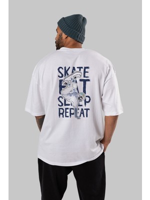 ankhises Skate Eat Sleep Repeat Arka Baskılı Beyaz Oversize T-Shirt  Erkek Kadın Bisiklet Yaka