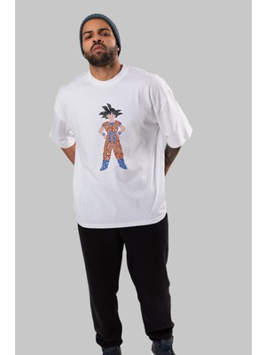 ankhises Goku Ön Baskılı Beyaz Oversize T-Shirt  Erkek Kadın Bisiklet Yaka