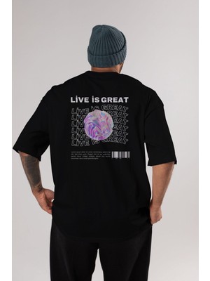 ankhises Live Is Great Yazılı Arka Baskılı Siyah Oversize T-Shirt Erkek Kadın Bisiklet Yaka