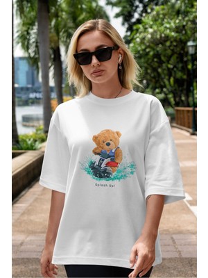 ankhises Teddy Bear Splash Up Ön Baskılı Beyaz Oversize T-Shirt Erkek Kadın Bisiklet Yaka
