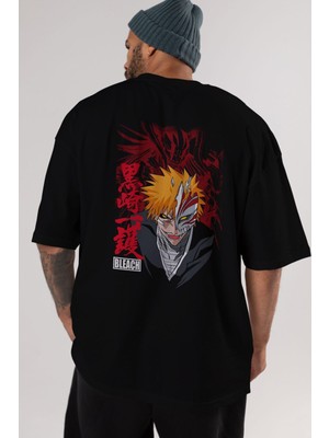 ankhises Ichıgo Kurosakı Vızard Anime Arka Baskılı Siyah Oversize T-Shirt Erkek Kadın