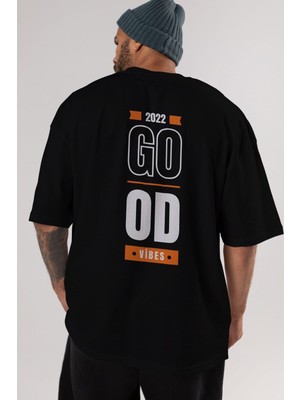 ankhises Good Vibes Yazılı Arka Baskılı Siyah Oversize T-Shirt Erkek Kadın Bisiklet Yaka